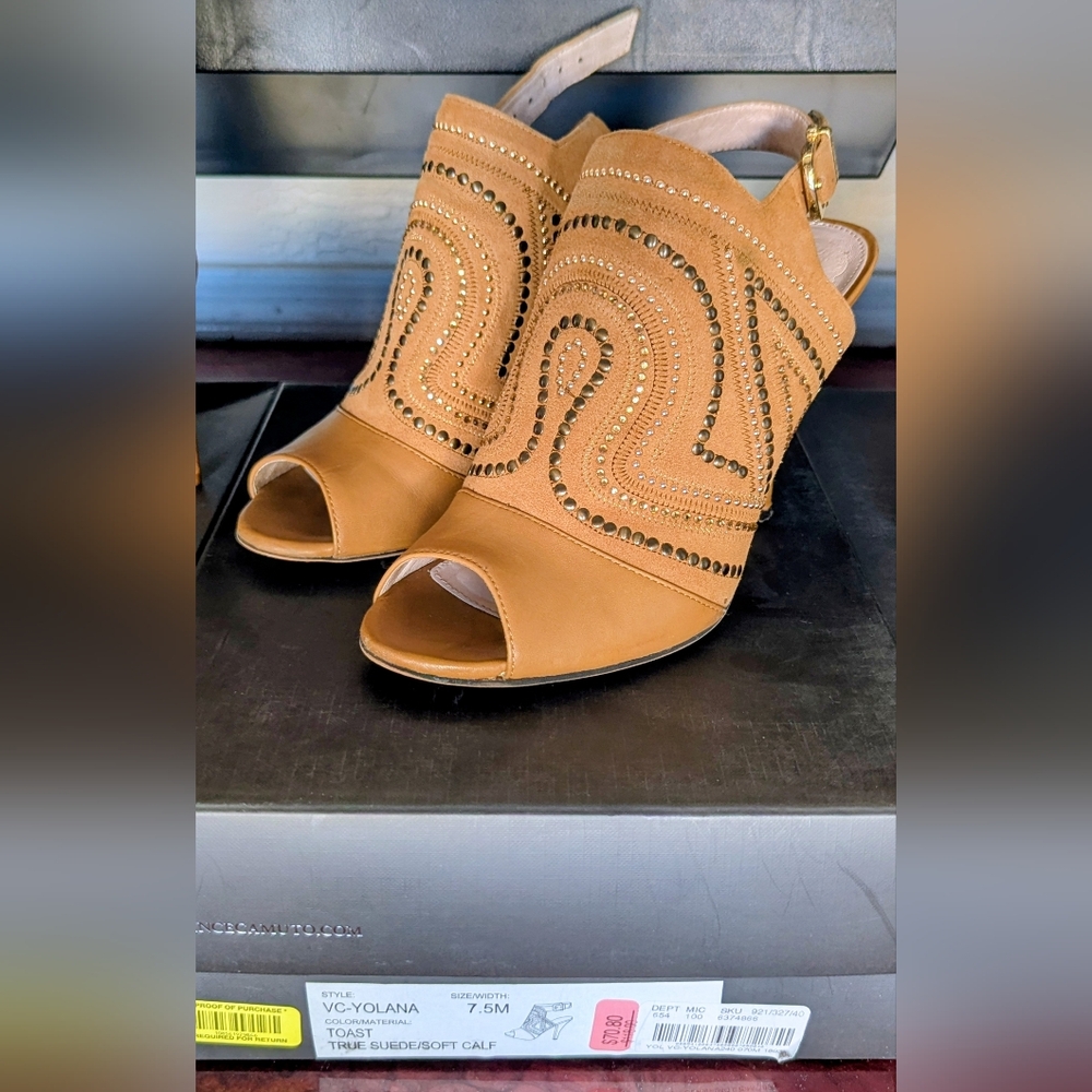 Vince Camuto Tan Peep-Toe Mules | Yolana